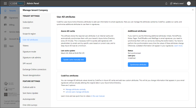 The User AD attributes settings in CodeTwo Admin Panel.