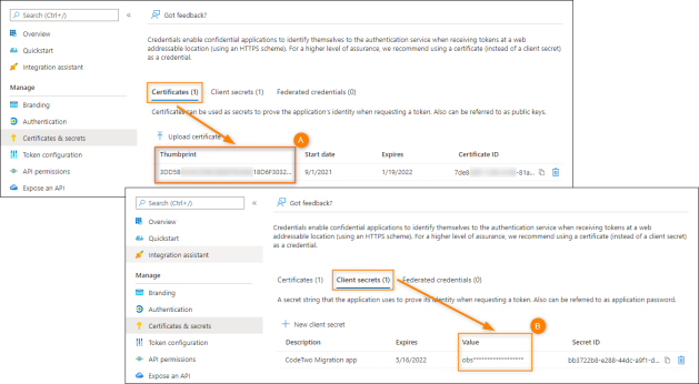 The location of a certificate thumbprint (A) and client secret (B) in Entra ID.