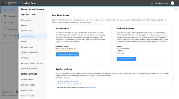 Status of Azure AD cache synchronization.