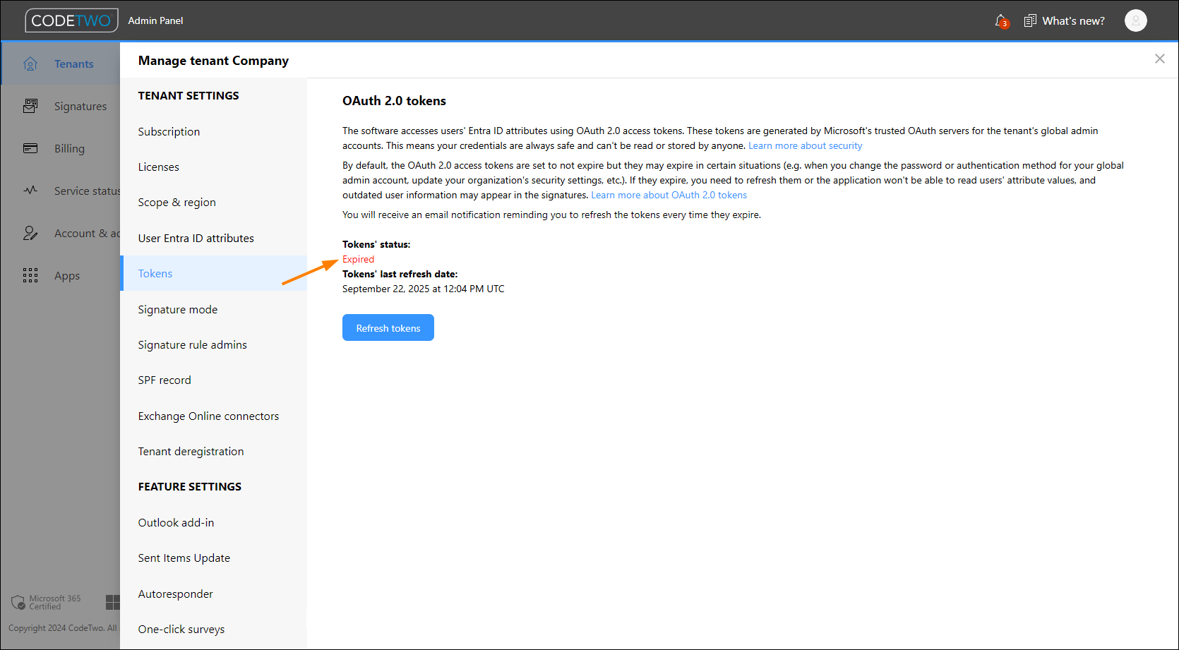 CodeTwo Admin Panel shows that OAuth 2.0 access tokens have expired.