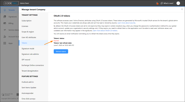 CodeTwo Admin Panel shows that OAuth 2.0 access tokens have expired.