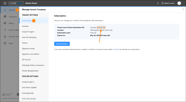Finding the Tenant Association ID information in CodeTwo Admin Panel.