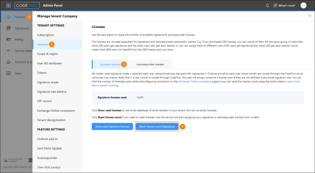 Resetting the license count in CodeTwo Admin Panel.