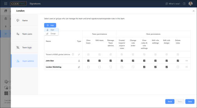 Selecting Team admins for the team and assigning permissions.