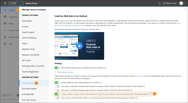 Enabling support for aliases in Web Add-in’s settings in CodeTwo Admin Panel.