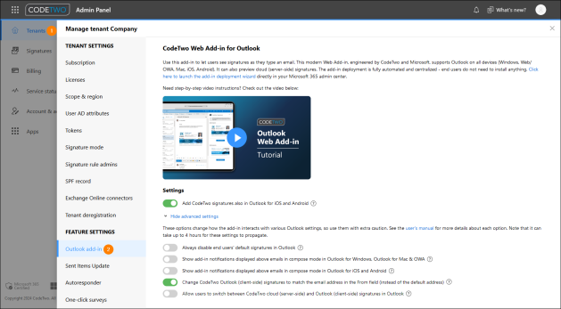 Add-in settings in CodeTwo Admin Panel.
