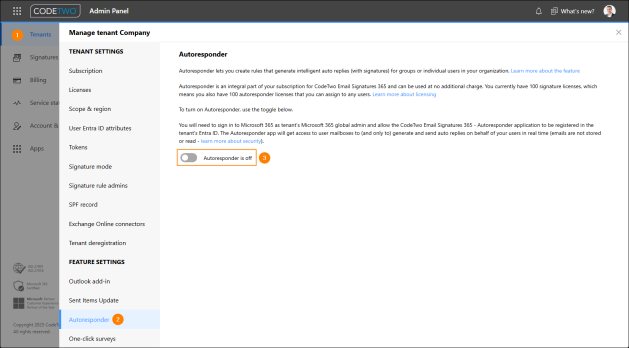 Enabling Autoresponder in CodeTwo Admin Panel.