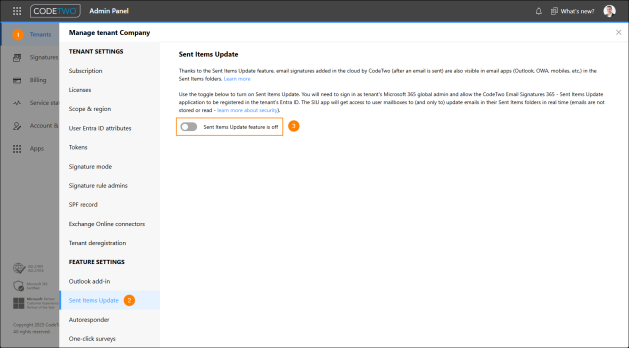 Enabling Sent Items Update in CodeTwo Admin Panel.