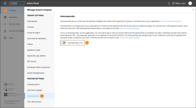 Enabling Autoresponder in CodeTwo Admin Panel.