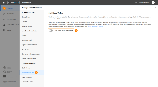 Enabling Sent Items Update in CodeTwo Admin Panel.