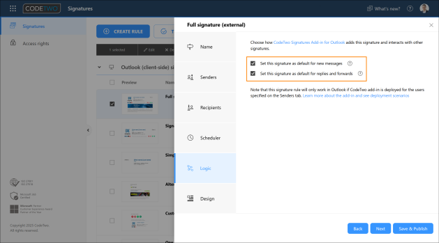 Select these options if you want this signature to be added automatically to emails in Outlook.