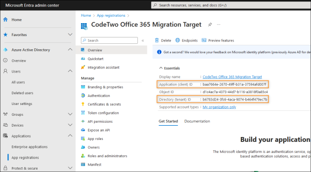 Client and tenant IDs shown on the application's Overview page.