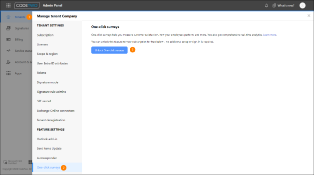 Enabling One-click surveys in CodeTwo Admin Panel.