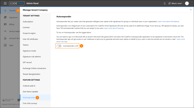 Enabling Autoresponder in CodeTwo Admin Panel.