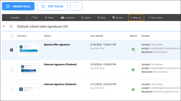 Using the Move up button to place a rule on top of the Outlook (client-side) signatures list.