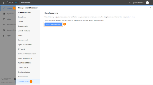 Enabling One-click surveys in CodeTwo Admin Panel.