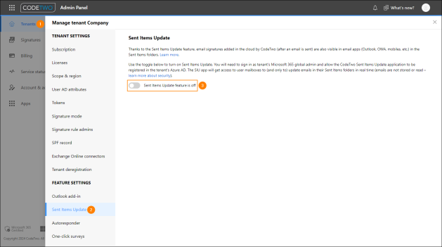 Enabling Sent Items Update in CodeTwo Admin Panel.