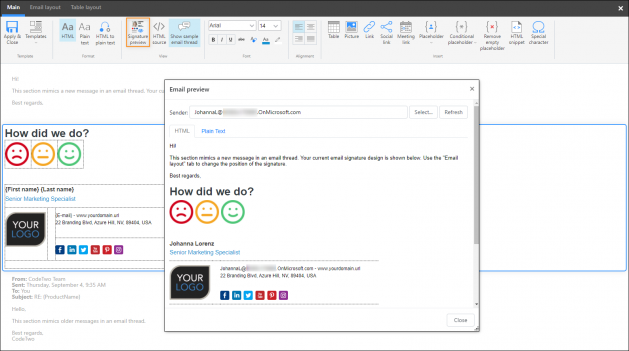 Email preview in the signature template editor.
