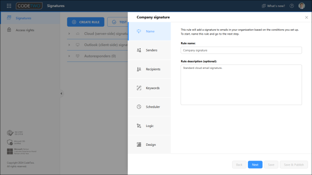 Entering a name and description for the new cloud signature rule.