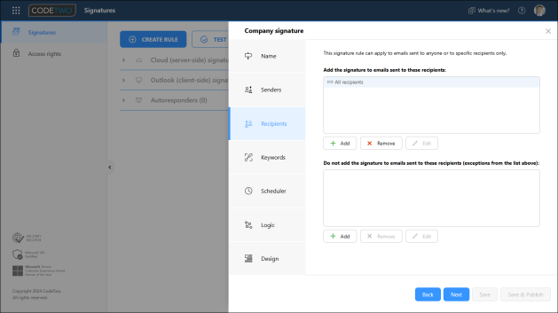 Choosing the recipients. Here, the cloud signature rule is set to apply to emails sent to anyone.
