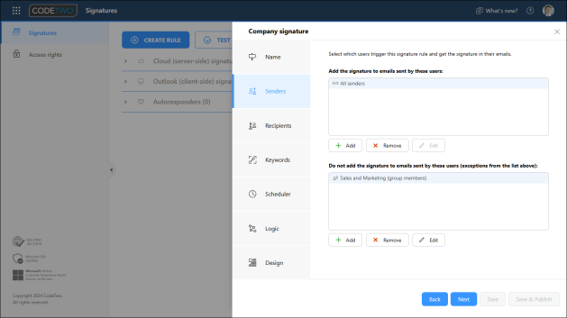 The Senders step with one condition (All senders) and one exception (Sales and Marketing) selected.