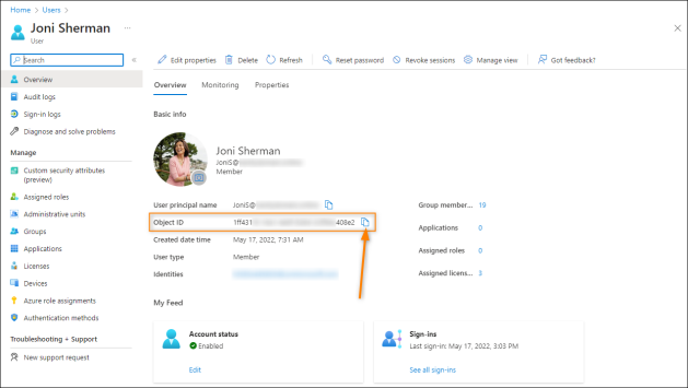 Copying the user’s Object ID value from the Microsoft Entra admin center.