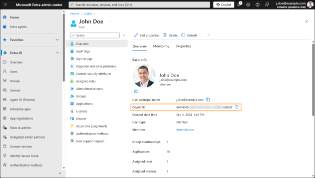 The Object ID property in the Microsoft Entra admin center.