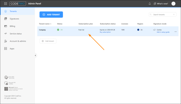 Accessing tenant settings from the Tenants page in CodeTwo Admin Panel.