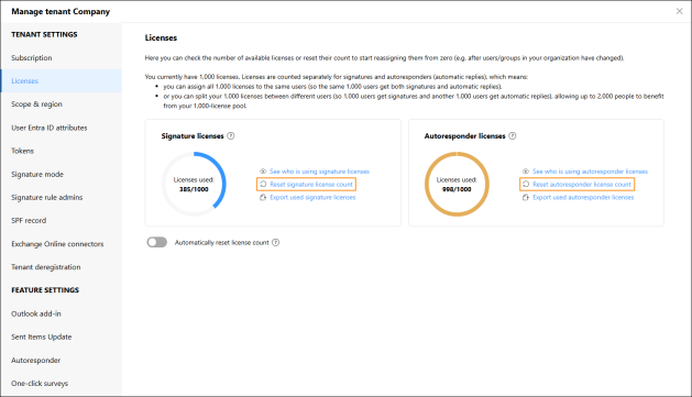 Resetting license count in CodeTwo Admin Panel.
