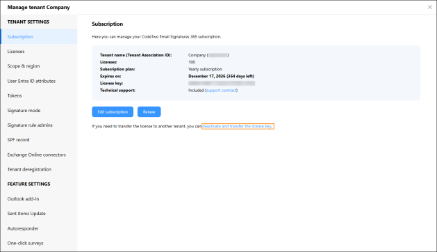 Accessing the license key deactivation option.