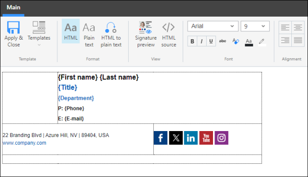 A sample email signature design prepared with CodeTwo Email Signatures 365.