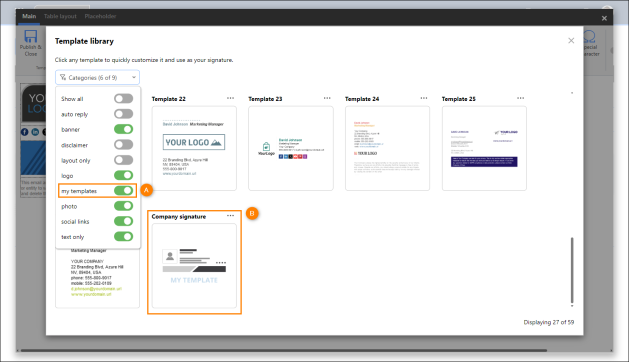 Selecting a custom template from the template library.