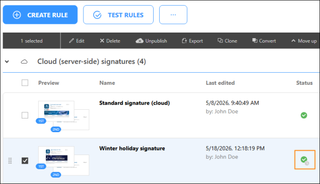 This icon indicates that the rule is scheduled and is currently inactive.