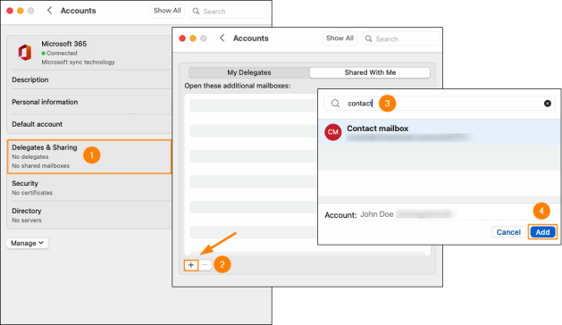 Adding a shared mailbox to Outlook for Mac.