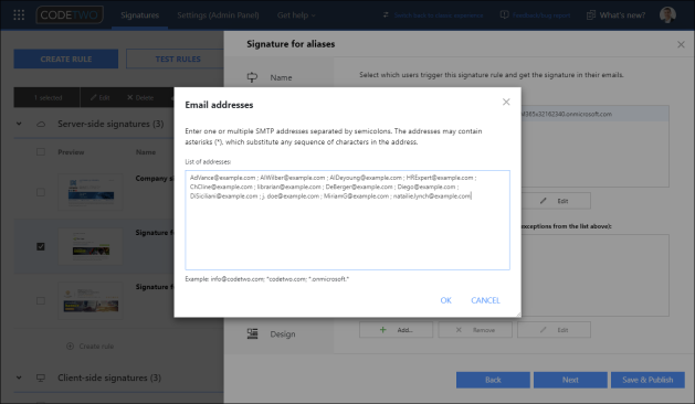 Creating a signature rule for email aliases in CodeTwo.