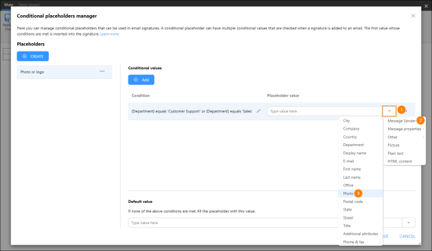 Setting Microsoft 365 user profile photo as the value of the conditional placeholder.