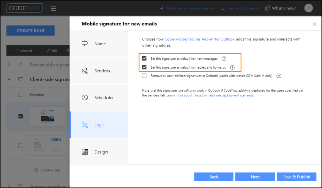 Setting a signature as default for new emails and replies/forwards.