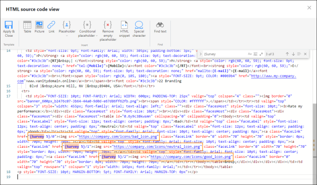 One-click survey’s HTML code with URLs of custom rating icons.