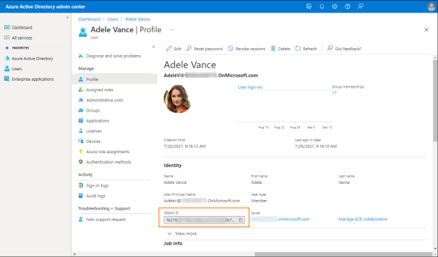 The Object ID property in the Azure Active Directory admin center.