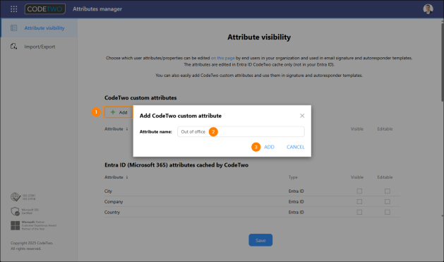 Adding a new CodeTwo custom attribute in the Attributes manager.