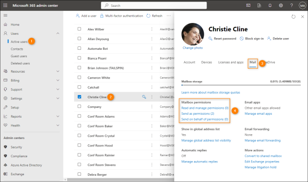 Managing delegate permissions to a user's mailbox.