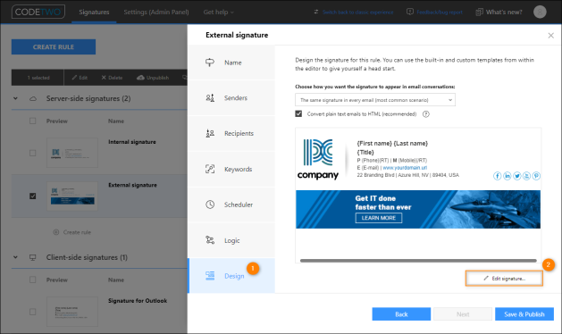 Selecting a signature rule and opening the Signature template editor from the Design step.