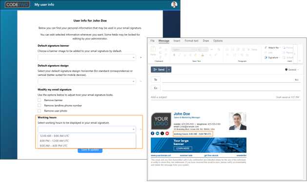 Selecting working hours to be included in a user’s email signature.