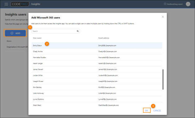 Adding a new CodeTwo Insights user.