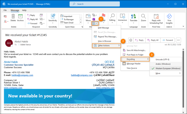 Changing the encoding of a received email to make it display correctly.