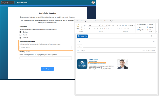 Entering a license number to be included in a user’s email signature.