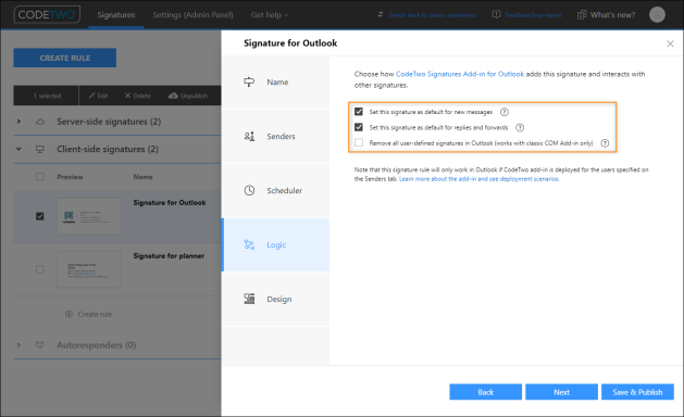 Outlook signature adding options in the signature management app.