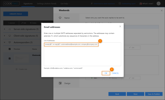 Defining example no-reply addresses as exceptions to an autoresponder rule.