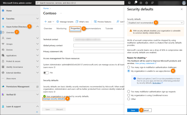 Disabling Security defaults in Azure Active Directory.