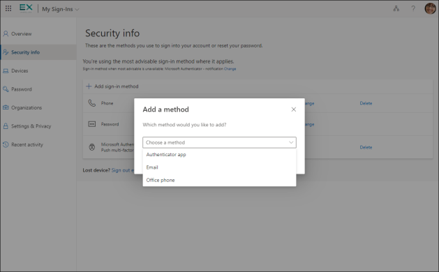 The list with available sign-in options is missing the App password method.